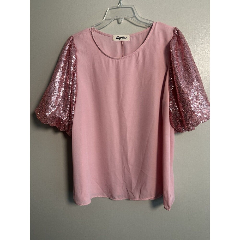 Haptics Pink Puff Sleeve Top Size Medium Round Neck Women's NWOT New